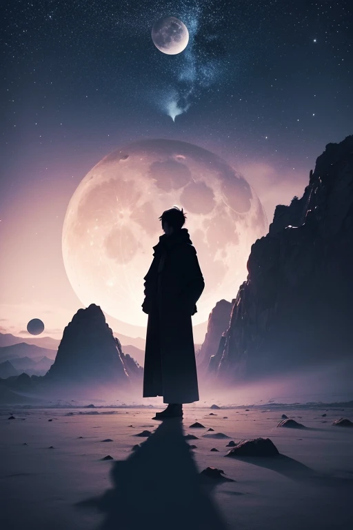 Highest quality,Big moon and shadow,A silhouette of a person can be seen against the backdrop of a large moon.,There is one full moon,There is a mood,Beautiful scenery,Starry Sky