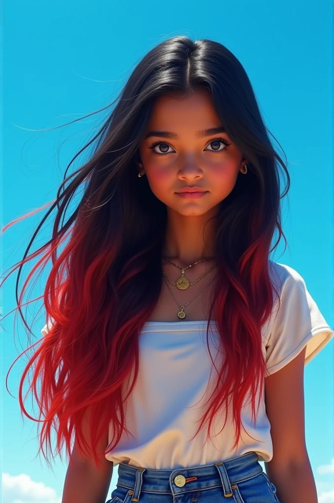 An Indian girl wearing western clothes, blue sky and red and black hair.