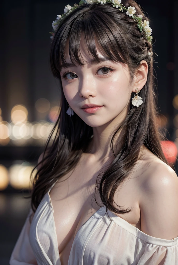 One person, High resolution, chest, Blushing, bangs, Simple Background, 目の間のbangs, Earrings, Barrette, Background blur, Anatomically correct, Gaze, smile, Black Hair, Open your mouth a little, Minimalist, Highest quality, Character portrait, Soft Light, Gentle colors, Illustration of movement, ハート型のEarrings, Bangs, Top-down composition,City night view,Long Hair, Vertical Roll, Side braids, Hair Flower, Wearing a flower crown, whole body,