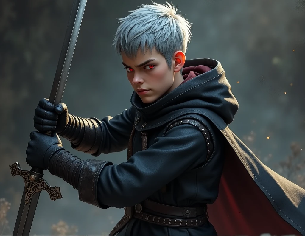 Short grey hair、Red Eyes、A fearless face、Black clothing with leather hood、Wearing gloves、Holding a medieval sword、One caucasican boy Swordsman、12 year、combat style
