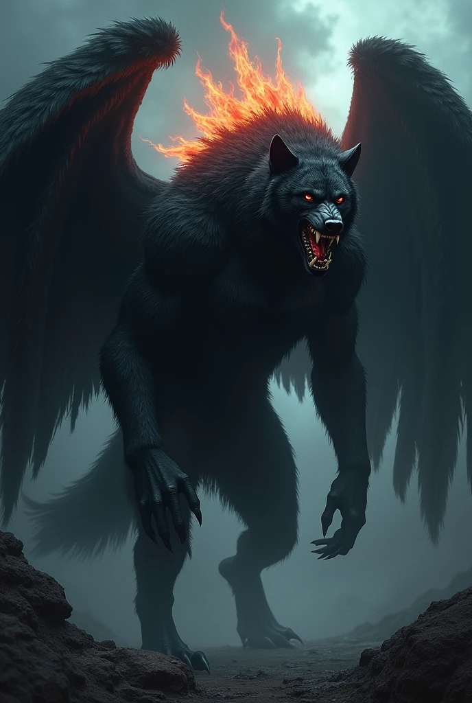 Black Werewolf, mông khổng lồ, nhìn nghiêng, black wings, back of head on fire.