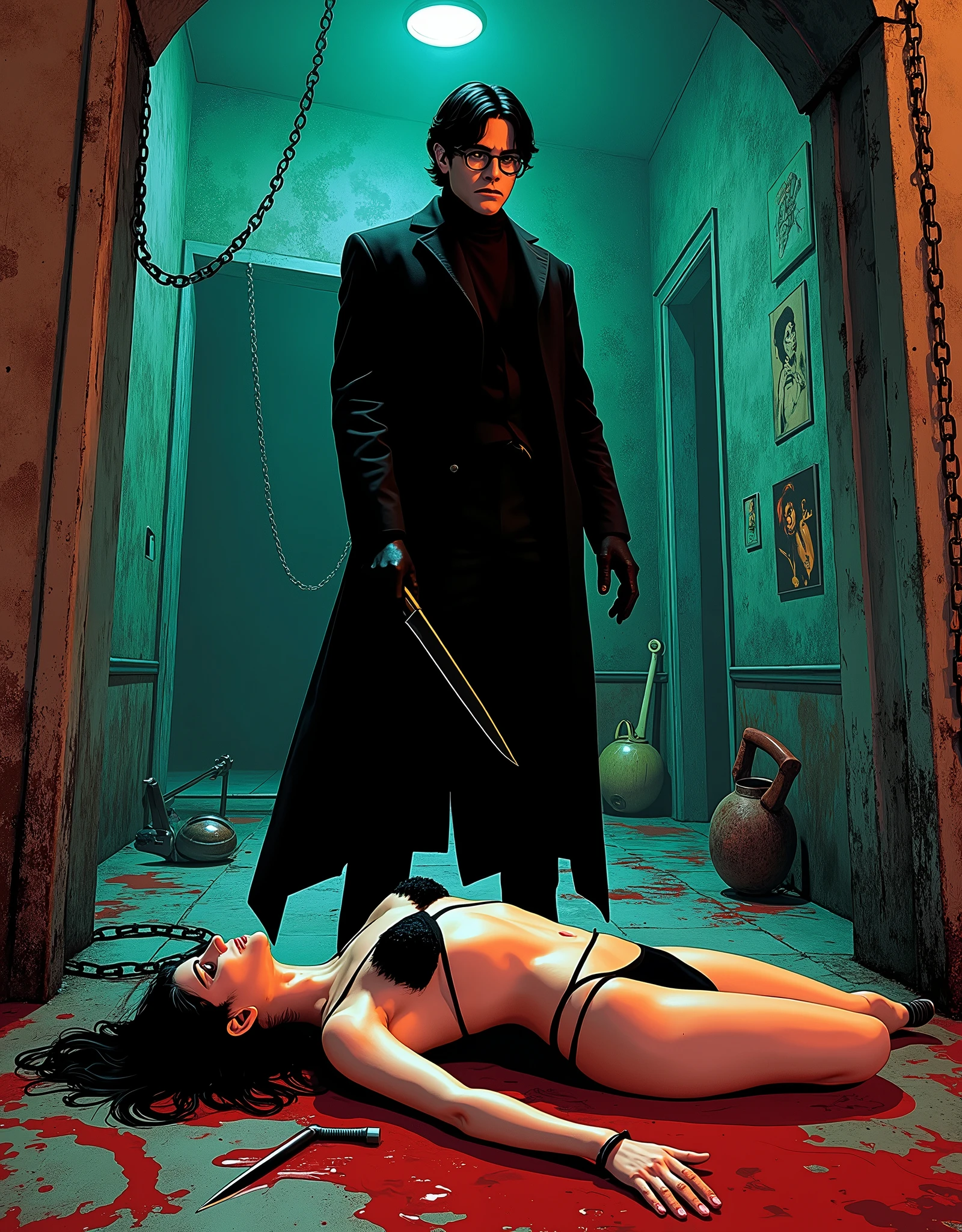 Giallo thriller, mysterious handsome killer, black gloves, round glasses, slightly long black hair, knife, stabbing tied up girl, black underwear, black bra, stockings, dungeon of horrors, saws, knives, axes, porn pics on wall, ropes, chains, blood spatter, walls and floor covered in blood spray (lurid vivid colors, cinematic and volumetric lighting, Technicolor, blue and orange tint, diffused green back lighting, intricate details, Fumetti comic books style, pen and ink, Metal Hurlant aesthetic, best quality, masterpiece, HD, 8X, good hands, good bodies, attention to detail, retro illustration style, classic European horror movie style, Dario Argento, Sergio Martino, Jess Franco, Mario Bava, NSFW)