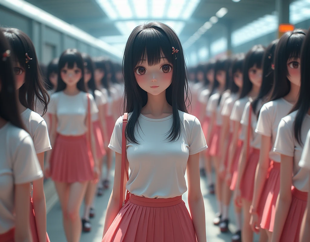 (((((Japanese Clone-girls=Myself))))), (((Super Best masterpiece Clone-girls Raw Photography Art))), (((16K, Highest quality, Ultra-high resolution, RAW Photos))), (((It's so unrealistic., With unparalleled depiction, With an unfathomable sight, An unprecedented and shocking worldview, Clone-girls: In a world of mass reproduction, Ultra-realistic))), (((Japanese Girls, Umezawa-Minami, 24yo, Small face, Thick black hair, long hair, Dark Eyes, Mature face, Cute Smile, Smiling face, A gentle gaze, (((Very pleasant look)))))), (((Very beautiful detailed girls, Accurate body structure, Accurate body movements, Very detailed body, (((Super big breasts, Large bulge of ample breasts)))))), (((Summer clothes, Short sleeve, mini skirt, hour々I can see your pants, Cleavage Emphasis, Emphasise the fullness of your breasts))), ((((((((Very detailed, Myself cloning, Depiction of splitting oneself, 1Myself girl→1,000,000,000,000,000,000,000,000,000,000Myself cloning girls)))))))), (((((((Myself clone-girlsから, Myself keeps multiplying, (Very detailed and intricate, To the exact, Perfect and consistent, (((In the same female body,With the same face, With the same hairstyle, In the same clothes, At the same height, 同じSuper big breastsである))), In a detailed depiction), 1,000,000,000,000,000,000,000,000,000,000 people))))))), (((((Myself girls only))))), (((((1,000,000,000,000,000,000,000,000,000,000Myself girls))))), (Very detailed, On the platform of a certain station in Japan, A crowd of Myselfs waiting for a train, Depicting yourself moving and standing, View from the train side), Where the wind blows, A super crowded scene, (Very detailed depiction, Clear and accurate perspective depiction, Ultra-wide field of view, wide view, Focus on the average value of the image), The shooting angle and composition are free and do not follow any set rules.!!!, Give priority to the spectacle of mass-produced Myselves!!!