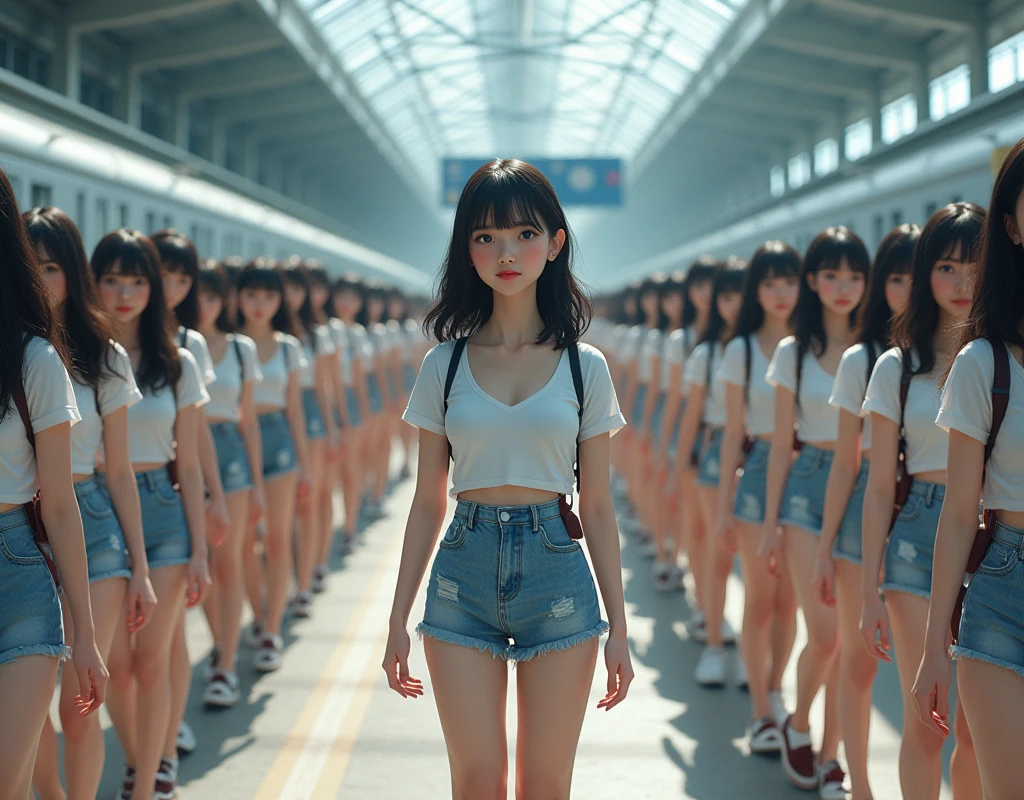 (((((Japanese Clone-girls=Myself))))), (((Super Best masterpiece Clone-girls Raw Photography Art))), (((16K, Highest quality, Ultra-high resolution, RAW Photos))), (((It&#39;s so unrealistic., With unparalleled depiction, With an unfathomable sight, An unprecedented and shocking worldview, Clone-girls: In a world of mass reproduction, Ultra-realistic))), (((Japanese Girls, Umezawa-Minami, 24yo, Small face, Thick black hair, long hair, Dark Eyes, Mature face, Cute Smile, Smiling face, A gentle gaze, (((Very pleasant look)))))), (((Very beautiful detailed girls, Accurate body structure, Accurate body movements, Very detailed body, (((Super big breasts, Large bulge of ample breasts)))))), (((Summer clothes, Short sleeve, mini skirt, hour々I can see your pants, Cleavage Emphasis, Emphasise the fullness of your breasts))), ((((((((Very detailed, Myself cloning, Depiction of splitting oneself, 1Myself girl→1,000,000,000,000,000,000,000,000,000,000Myself cloning girls)))))))), (((((((Myself clone-girlsから, Myself keeps multiplying, (Very detailed and intricate, To the exact, Perfect and consistent, (((In the same female body,With the same face, With the same hairstyle, In the same clothes, At the same height, 同じSuper big breastsである))), In a detailed depiction), 1,000,000,000,000,000,000,000,000,000,000 people))))))), (((((Myself girls only))))), (((((1,000,000,000,000,000,000,000,000,000,000Myself girls))))), (Very detailed, On the platform of a certain station in Japan, A crowd of Myselfs waiting for a train, Depicting yourself moving and standing, View from the train side), Where the wind blows, A super crowded scene, (Very detailed depiction, Clear and accurate perspective depiction, Ultra-wide field of view, wide view, Focus on the average value of the image), The shooting angle and composition are free and do not follow any set rules.!!!, Give priority to the spectacle of mass-produced Myselves!!!