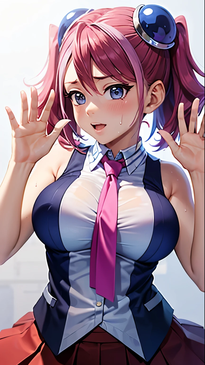 1 Female,High definition,high resolution,Ultra-realistic,8K, hy1, hair ornament, multicolored hair, necktie, skirt, sleeveless, , pink skirt, tight skirt,miniskirt, jewelry,European,sexy,Upper body close-up,Photographed from the front,Dynamic Angles,blush, medium tits, happy, wink the eye,facial, sweat,multicolored hair , 1 arm up, waving