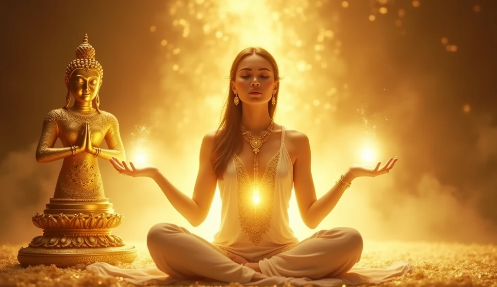 woman meditating in lotus position channeling golden light with her hands next to a statue of a golden goddess of abundance, golden background, light background, magical environment
