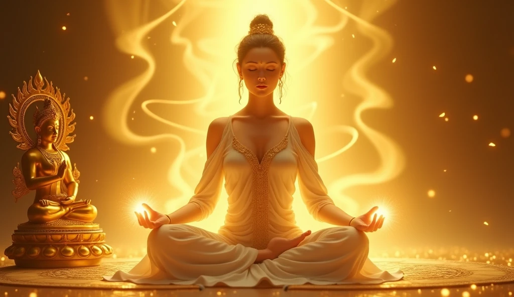 woman meditating in lotus position channeling golden light with her hands next to a statue of a golden goddess of abundance, golden background, light background, magical environment