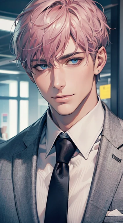 (Highest quality,4K,8K,High resolution,masterpiece:1.2),Super detailed,(Realistic,photoRealistic,photo-Realistic:1.37),1 personld,Mature Men,Beautiful skin、very handsome,Expressionless,smile,Short gray pink hair,blue eyes,Sharp Eyes,A perfect face without a doubt,Businessman,Office Background,Cinema Lighting,HDR image,tie、