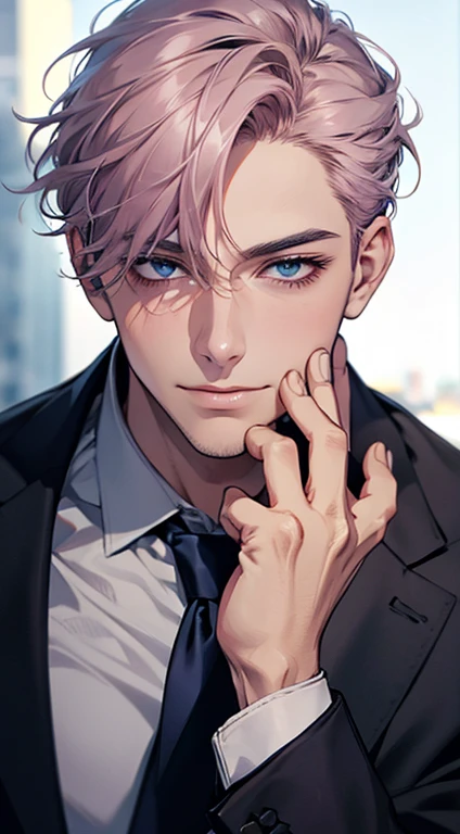 (Highest quality,4K,8K,High resolution,masterpiece:1.2),Super detailed,(Realistic,photoRealistic,photo-Realistic:1.37),1 personld,Mature Men,Beautiful skin、very handsome,Expressionless,smile,Short gray pink hair,blue eyes,Sharp Eyes,A perfect face without a doubt,Businessman,Office Background,Cinema Lighting,HDR image,tie、