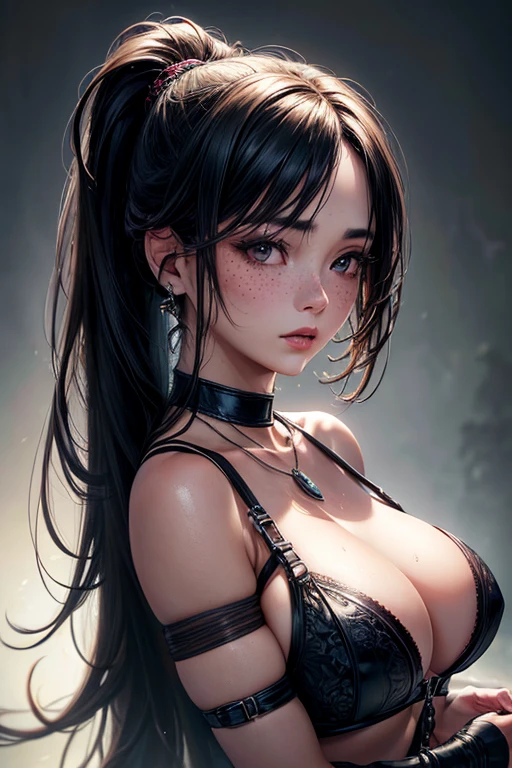 Kaori, Single model, solo, half Asian, half Latino, very long straight black hair, high ponytail, freckles, blushing, wet eyes, long chain pendant, very large heavy breasts, chubby, belly, stretchmarks, (best quality,4k,8k,highres,masterpiece:1.2),ultra-detailed,(realistic,photorealistic,photo-realistic:1.37),detailed portrait, cinematic lighting, natural skin texture, intricate details, dramatic colors, moody atmosphere, heavy eye shadow, mascara, (bondage harness :1.2) leather straps, fetishwear