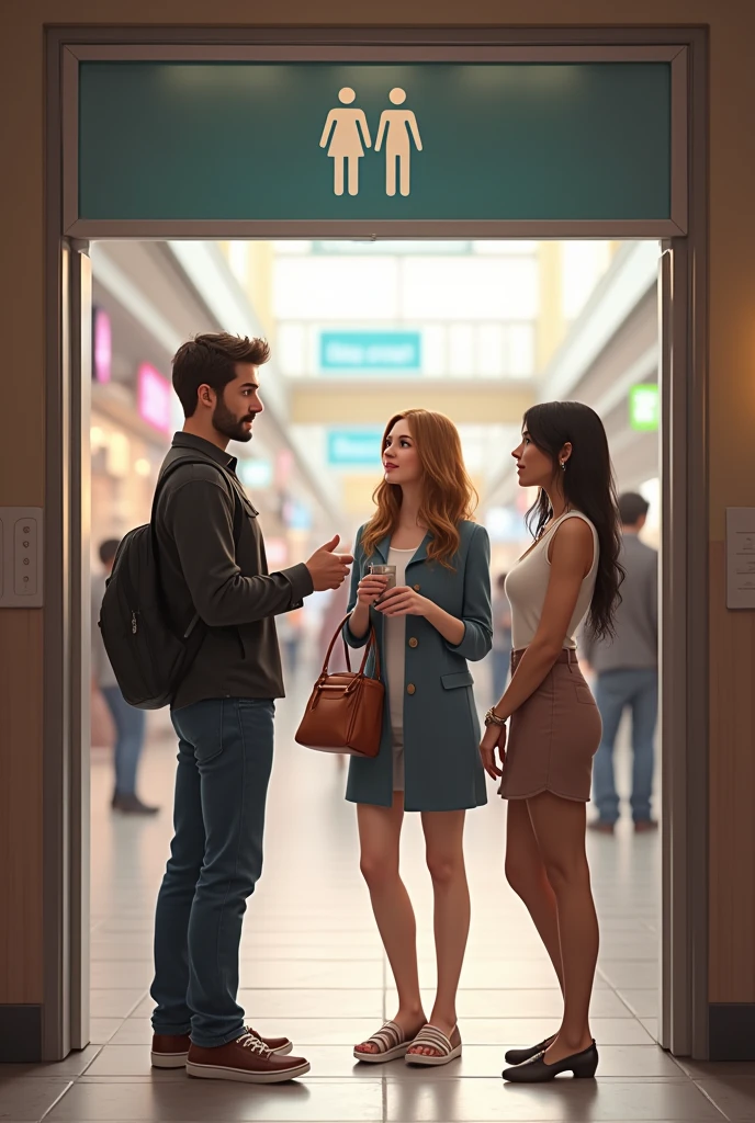 one man and two woman at the front of the restroom of a mall