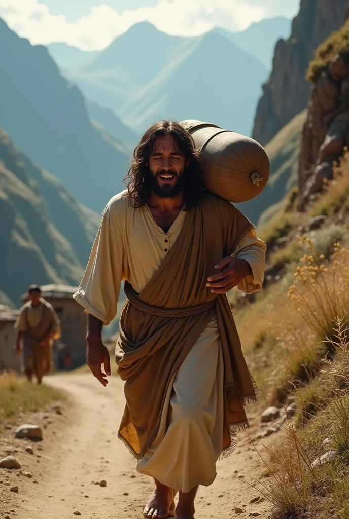 Jesus Christ, struggling up a steep, mountainous dirt road with a large, havy huny bottle on his shoulder. He is visibly tired and sweating, with tears streaming down his face.and he is crying  Villagers from the small mountain village are watching him intently, with expressions of concern and curiosity. The scene is set against a rugged, mountainous backdrop with a rustic, rural atmosphere."4k ultra realstick hd

