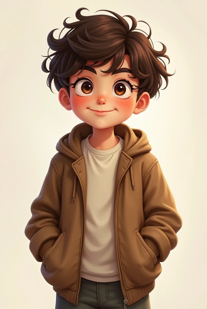 Boy in loose brown jacket and normal pants, short curly hair and naughty face