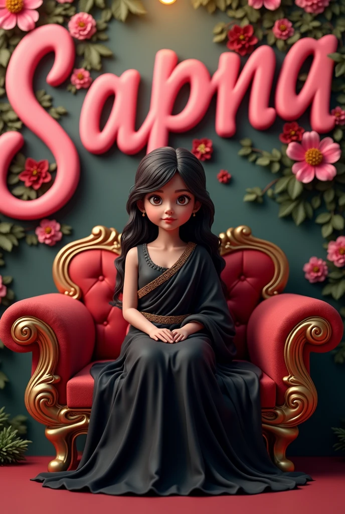 Create 3D picture of a beautiful 1 girl sitting on the red sofa set chair,the girl is wearing a black saree, background wall decorate in flowers and leaves and written and capital big font pink colour "SAPNA" look like cute angle