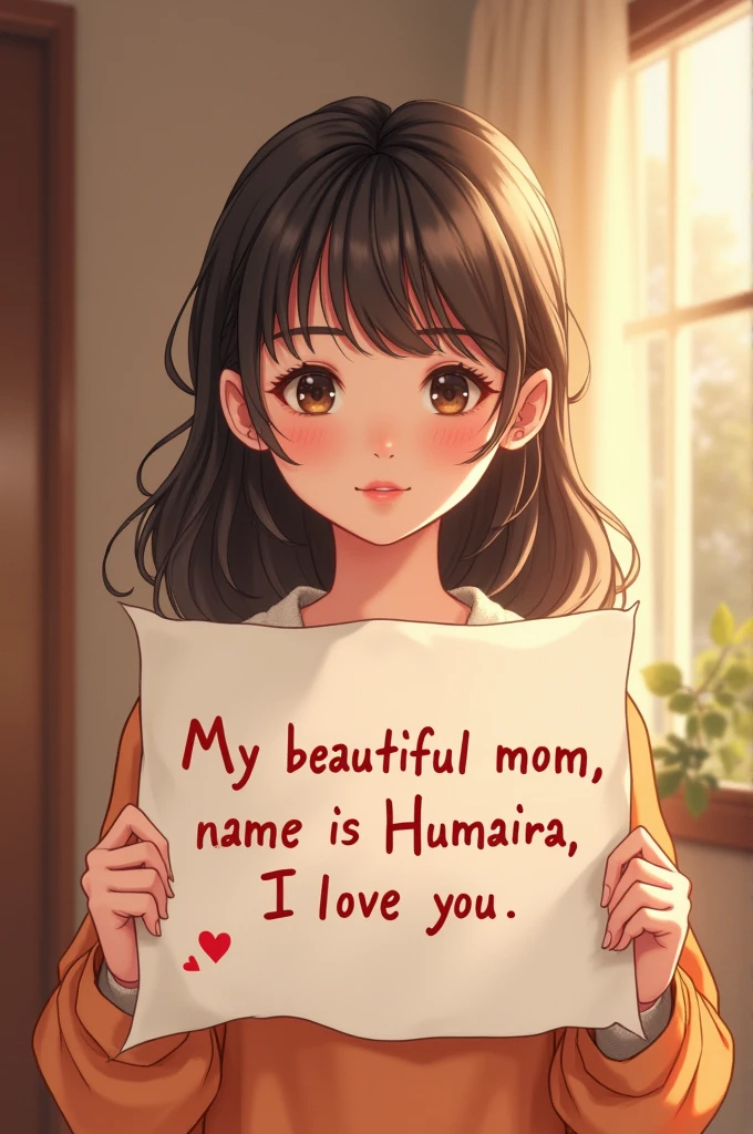 A korean girl having a banner written my beautiful mom name is humaira i love you