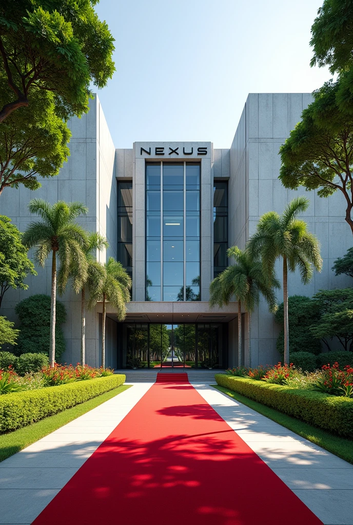 An image of a Corporate embassy  put the words Nexus Global Embassy I want it to have the words Nexus Global  Embassy on a concrete.The building has its own compound that is extremely developed with grass, trees and flowers Singaporean architecture expose the words Nexus Embassy with red carpets
