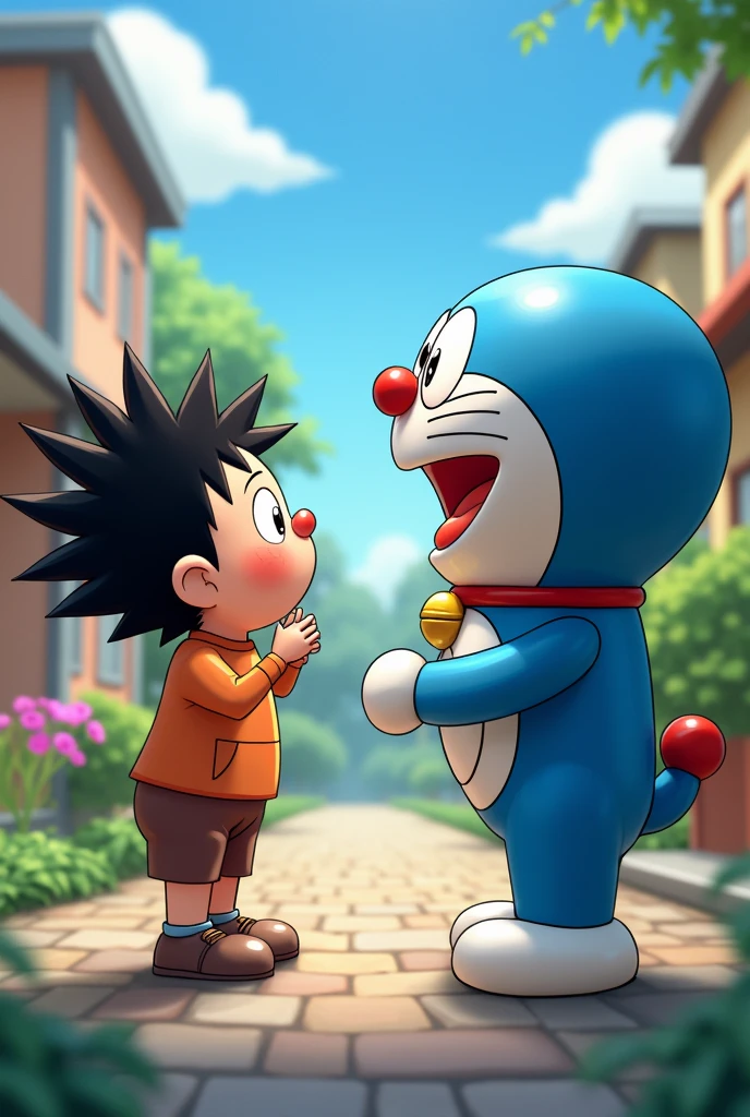 Shinchan character from shin chan tv show is looking at doramon with wonders