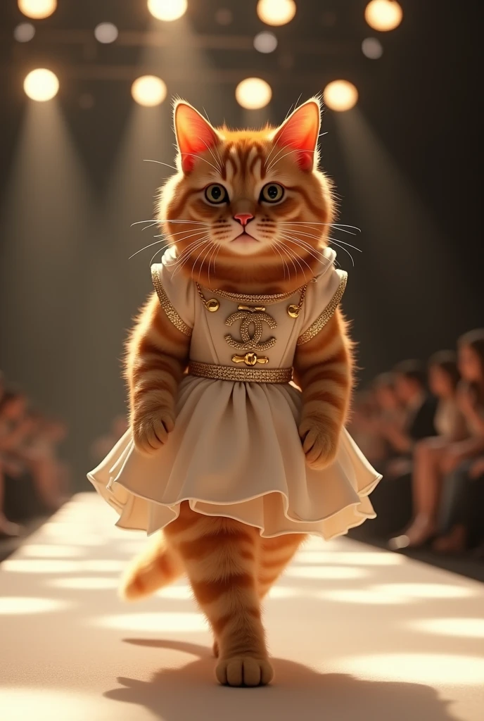(photorealism:1.2), a cute ginger cat wearing chanel dress walking on the runway