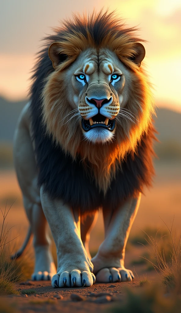 Generate an ultra realistic 8k image of a big strong blue-eyed lion