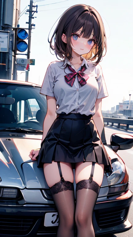 Brown Hair、Gazing at the audience、bulging big breasts、Honda NSX、黒のmini skirt、garter、vision、Small face、mini skirt、Beautiful woman、Leaning against the car
