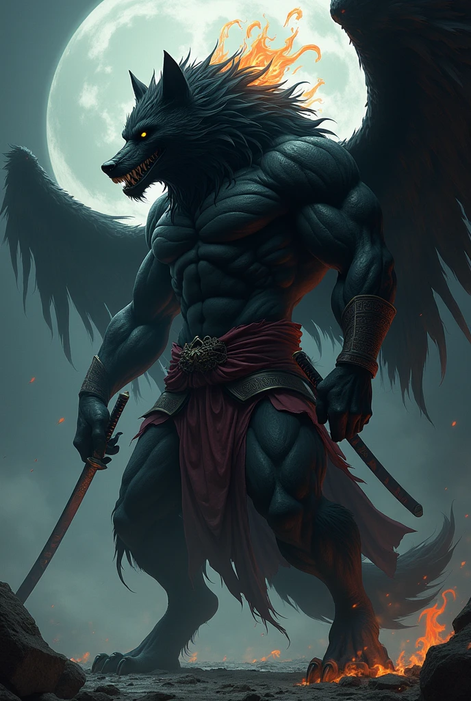 Black Werewolf, mông khổng lồ, nhìn nghiêng, sử dụng kamishimo, two katanas, black wings, back of head on fire.
