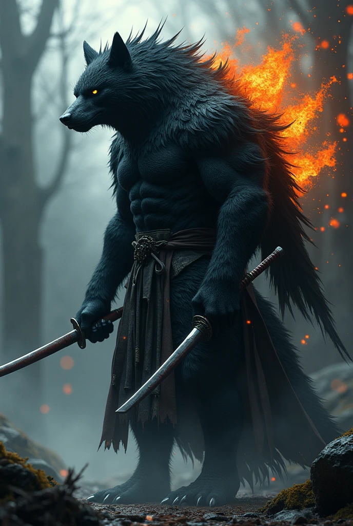 Black Werewolf, mông khổng lồ, nhìn nghiêng, sử dụng kamishimo, two katanas, black wings, back of head on fire.