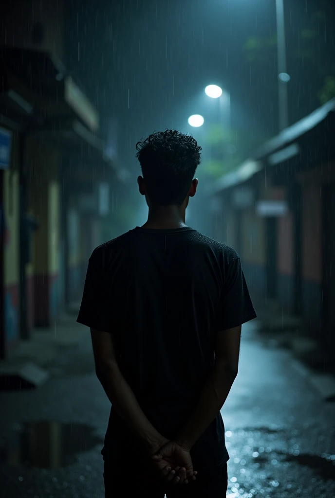 24 year's men, short curly hair, rainy season, men back shot, black shirt &black pant, 176 cm tall,night image,holding his hands, no lights,kerala street