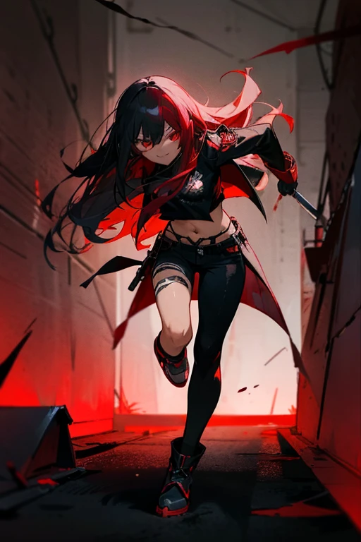 female, 18+, red bloody eyes, long hair, half colored red and black hair, evil smile, black jacket, blood stains, tanned skin, red top, flat chest, midriff, black gloves, holding sharp knife, black ripped pants, red shoes, dark hallway, running