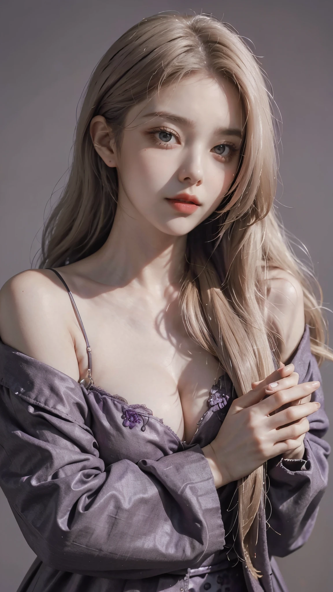 Girl wearing, luxury purple coat, shoulder length hair, wavy hair, glowing skin, star in eye, red lips, grey background, cute poses , upper body, light blonde hair.