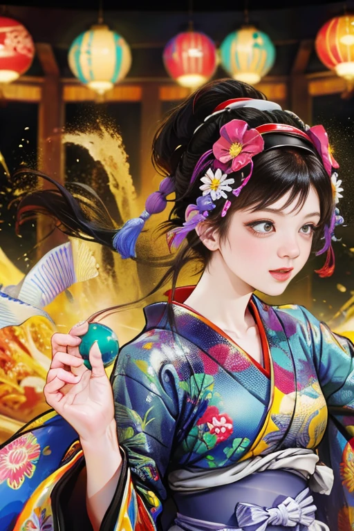 (Japan Bon Odori,最高masterpiece,Highest quality), Hot August,Bright vibrant anime art,People of all ages and genders dance and dance, Dancing in yukata,Laughing and dancing, Showing white teeth,Men and women dance in a circle, masterpiece,Highest quality,High resolution,