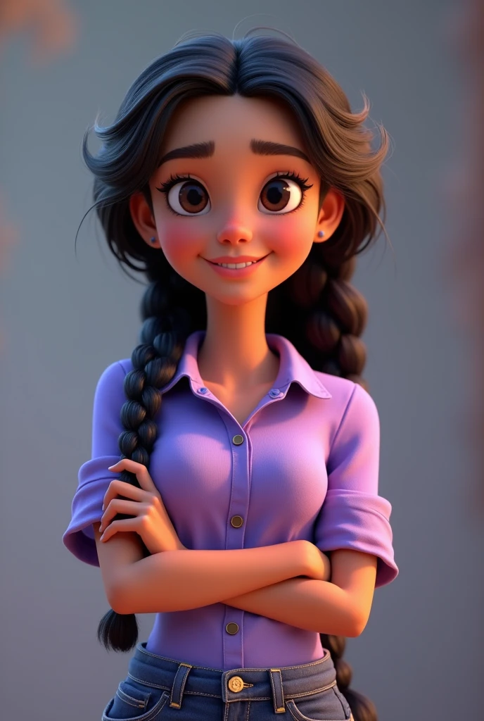 Pixar-style image featuring white-skinned 3D female character, long black braided hair ,Disney,close up, pixar, Disney, PURPLE BUTTONED BLOUSE, jeans and with arms crossed and smiling