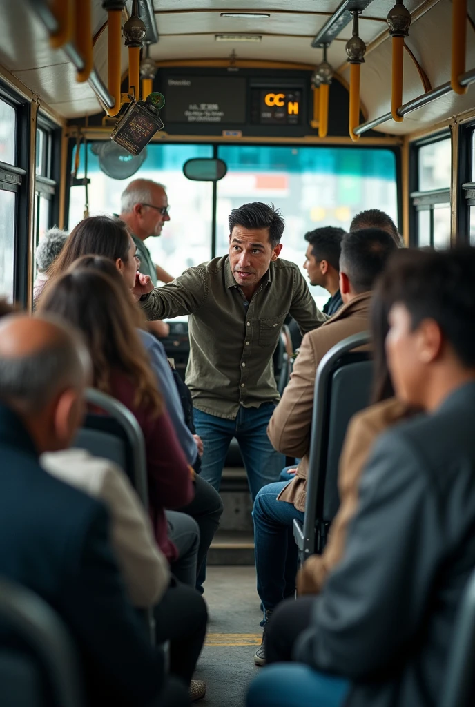 Take a picture of buses while people are arguing verbally with each other. With neutral tones and the photo standing up.