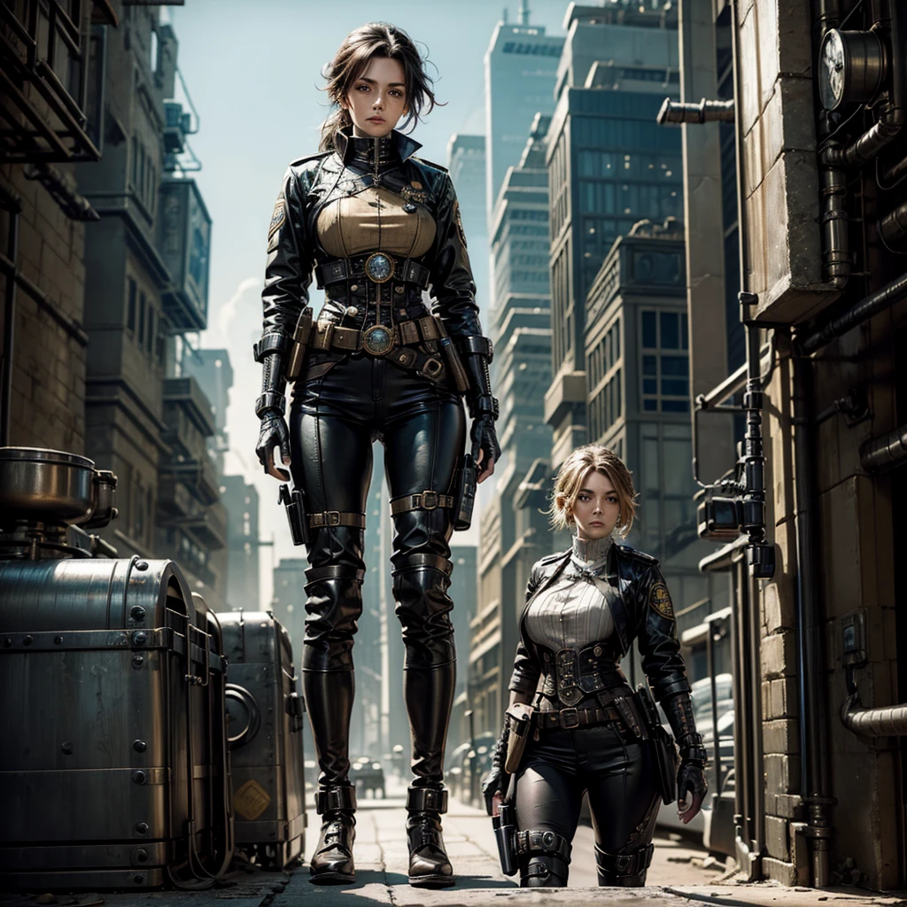 a woman in a steampunk security uniform inspects a sector of a dystopian futuristic city