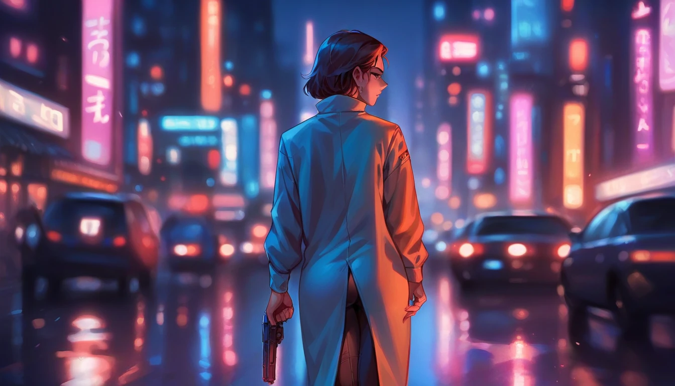 Day time Street view of a morden city where a war is going on, a beautiful girl standing on street in a white futuristic outfit with gun in her hand, view from behind