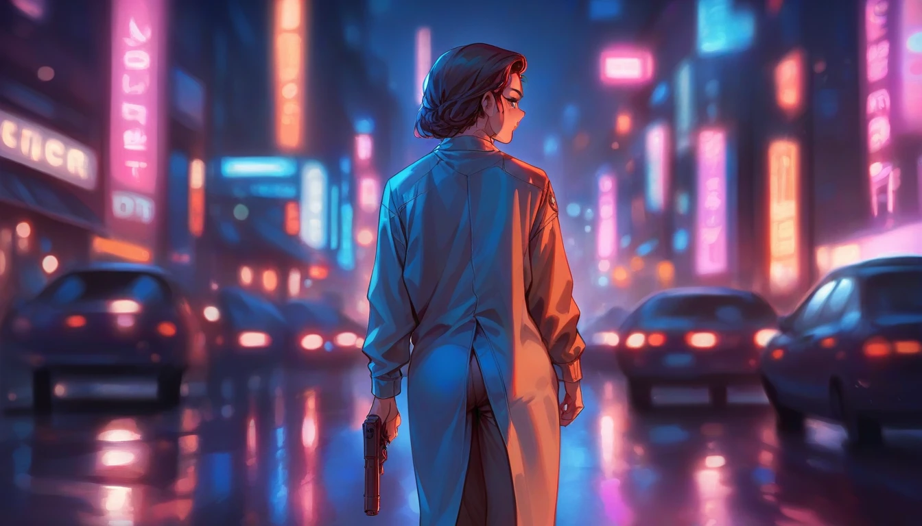 Day time Street view of a morden city where a war is going on, a beautiful girl standing on street in a white futuristic outfit with gun in her hand, view from behind