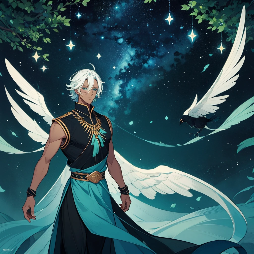 A Man with black skin and white hair, messy medium hair. Bright sky blue eyes. Green branches with elongated leaves.Black high-neck blouse, sleeveless, Dark blue tunic with green sparkles resembling a starry night sky, waist belt with bag. a large pair of wings. mystical atmosphere, delicate brushwork, magical scenery, Peaceful and serene. detailed clothing. nature background (best qualityer, high resolution, ultra detali).