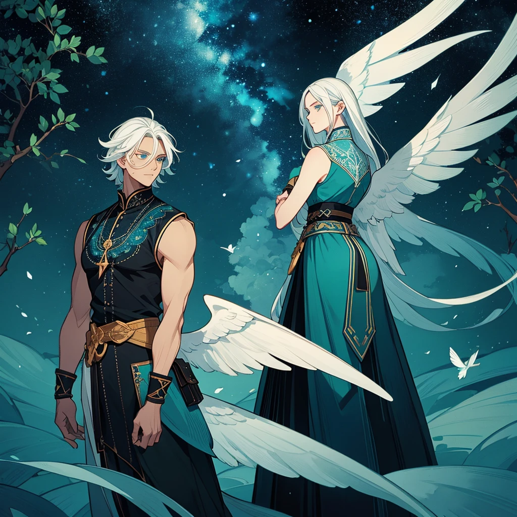 A Man with black skin and white hair, messy medium hair. Bright sky blue eyes. Green branches with elongated leaves.Black high-neck blouse, sleeveless, Dark blue tunic with green sparkles resembling a starry night sky, waist belt with bag. a large pair of wings. mystical atmosphere, delicate brushwork, magical scenery, Peaceful and serene. detailed clothing. nature background (best qualityer, high resolution, ultra detali).