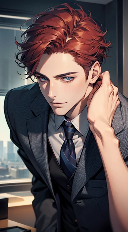 (Highest quality,4K,8K,High resolution,masterpiece:1.2),Super detailed,(Realistic,photoRealistic,photo-Realistic:1.37),1 personld,Mature Men,Beautiful skin、very handsome,Expressionless,smile,Short gray red hair,blue eyes,Sharp Eyes,A perfect face without a doubt,Businessman,Office Background,Cinema Lighting,HDR image,tie、
