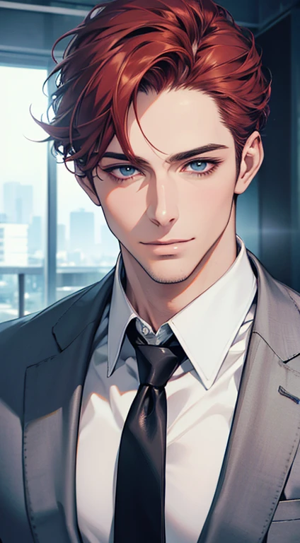 (Highest quality,4K,8K,High resolution,masterpiece:1.2),Super detailed,(Realistic,photoRealistic,photo-Realistic:1.37),1 personld,Mature Men,Beautiful skin、very handsome,Expressionless,smile,Short gray red hair,blue eyes,Sharp Eyes,A perfect face without a doubt,Businessman,Office Background,Cinema Lighting,HDR image,tie、