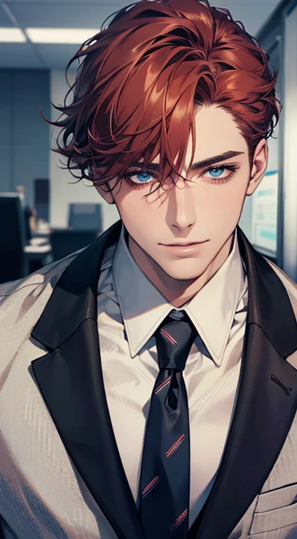 (Highest quality,4K,8K,High resolution,masterpiece:1.2),Super detailed,(Realistic,photoRealistic,photo-Realistic:1.37),1 personld,Mature Men,Beautiful skin、very handsome,Expressionless,smile,Short gray red hair,blue eyes,Sharp Eyes,A perfect face without a doubt,Businessman,Office Background,Cinema Lighting,HDR image,tie、