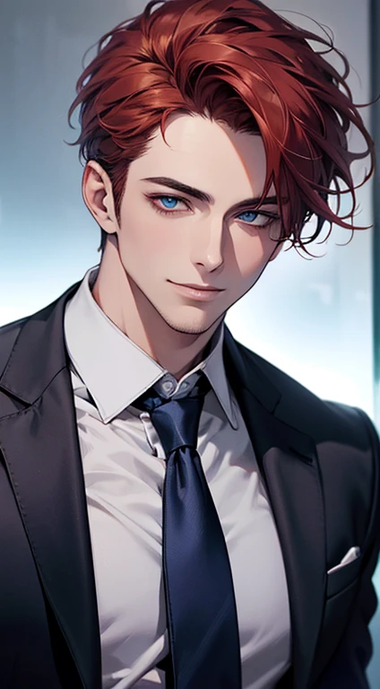 (Highest quality,4K,8K,High resolution,masterpiece:1.2),Super detailed,(Realistic,photoRealistic,photo-Realistic:1.37),1 personld,Mature Men,Beautiful skin、very handsome,Expressionless,smile,Short gray red hair,blue eyes,Sharp Eyes,A perfect face without a doubt,Businessman,Office Background,Cinema Lighting,HDR image,tie、