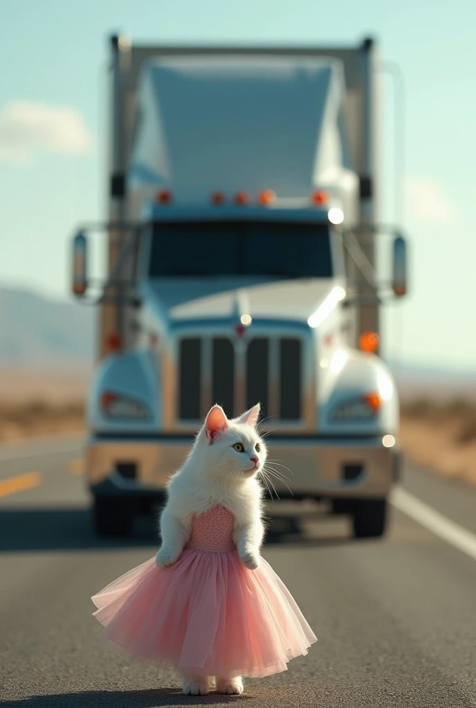 On the highway a big truck comes towards the white cat in pink frok to her
