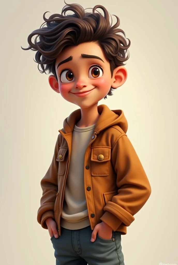 Boy in loose brown jacket and normal pants, short curly hair and a mischievous and somewhat tall face