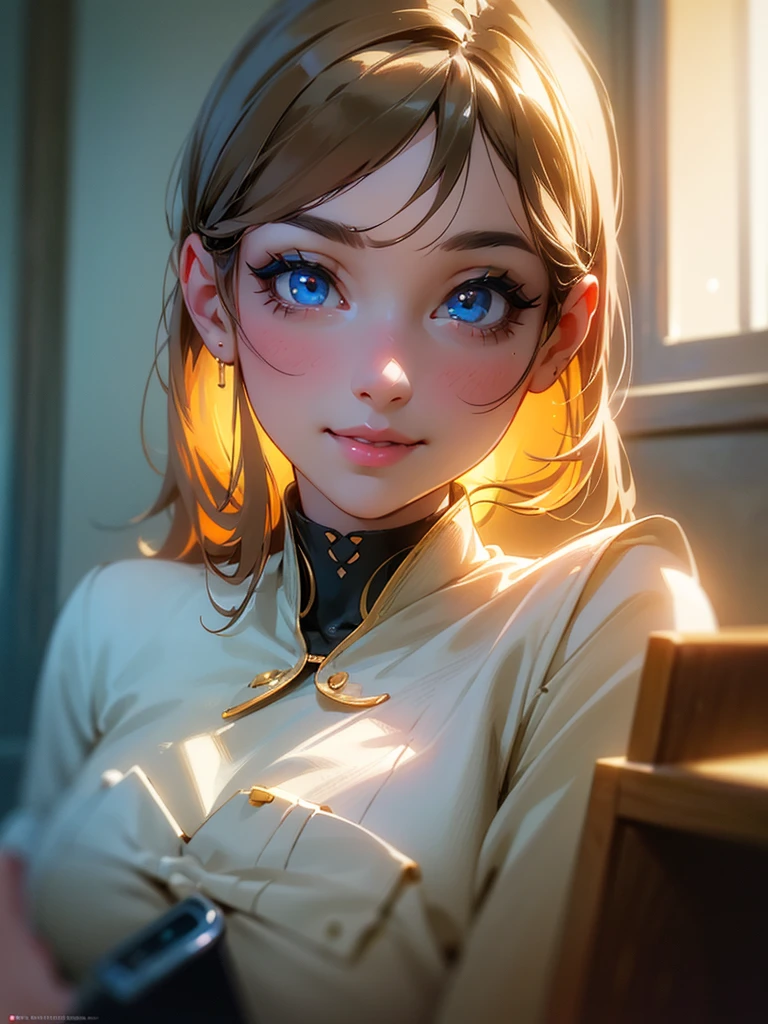 a cute girl, smile, detailed face, beautiful eyes, beautiful lips, long eyelashes, beautiful detailed skin, 1girl, smartphone, modern technology, communication limitations, slow internet, distress, annoyance, indoor, natural lighting, warm color tones, cinematic lighting, high quality, masterpiece, photorealistic, 8k, hyper detailed, digital art,smile