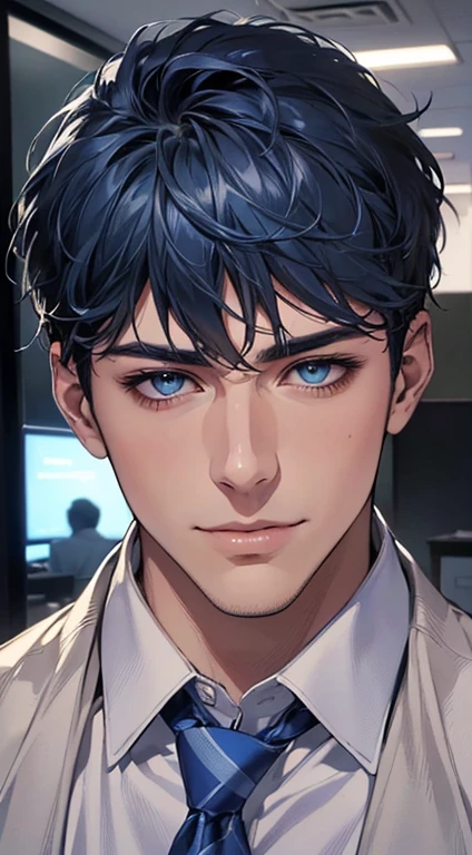 (Highest quality,4K,8K,High resolution,masterpiece:1.2),Super detailed,(Realistic,photoRealistic,photo-Realistic:1.37),1 personld,Mature Men,Beautiful skin、very handsome,Expressionless,smile,Short blue hair,blue eyes,Sharp Eyes,A perfect face without a doubt,Businessman,Office Background,Cinema Lighting,HDR image,tie、