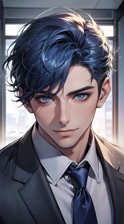 (Highest quality,4K,8K,High resolution,masterpiece:1.2),Super detailed,(Realistic,photoRealistic,photo-Realistic:1.37),1 personld,Mature Men,Beautiful skin、very handsome,Expressionless,smile,Short blue hair,blue eyes,Sharp Eyes,A perfect face without a doubt,Businessman,Office Background,Cinema Lighting,HDR image,tie、