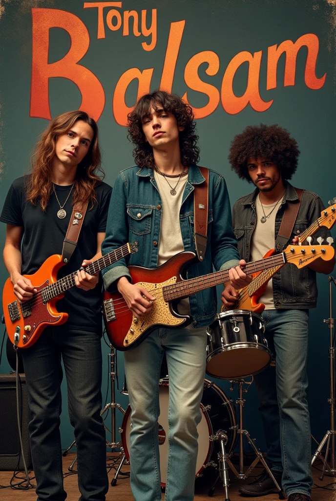 Three-man blues music band wearing a 90s style dress, with one long hair member holding a guitar, one member with curly hair playing a bass guitar, and one member with curly hair playing the drums with drum sticks. with the background that writes Tony Balsam on top