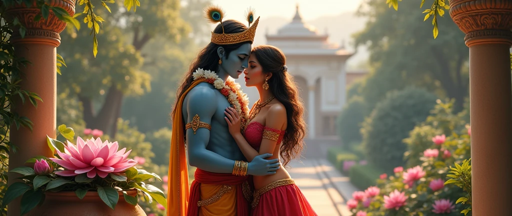 A serene view of Lord Krishna in traditional dress, light blue skin, royal crown with few peacock feathers in the crown, wearing a vibrant white lily flower garland. Krishna is hugging radha from behind. Radha's front fully body is visible.  Radha has a sexy fair skin face, brown eyes, red lips, long wavy brown hair. Radha is wearing a long crown with beautiful design. Radha is posing wearing bright red blouse and lehenga. Radha's navel piercing is visible. Radha is exposing her full body. Radha has beautiful body features. Radha is holding a flute. Both radha and lord krishna are in the palace standing next to a pot filled with pink lotus flowers. Background is dreamy garden with lots of flowers and fruits in the tree. The backdrop features a palace, casting a tranquil glow Depth to the image, creating a hot, sexy and realistic atmosphere. The image is from a far view only to view full body. Make sure everything is perfect.