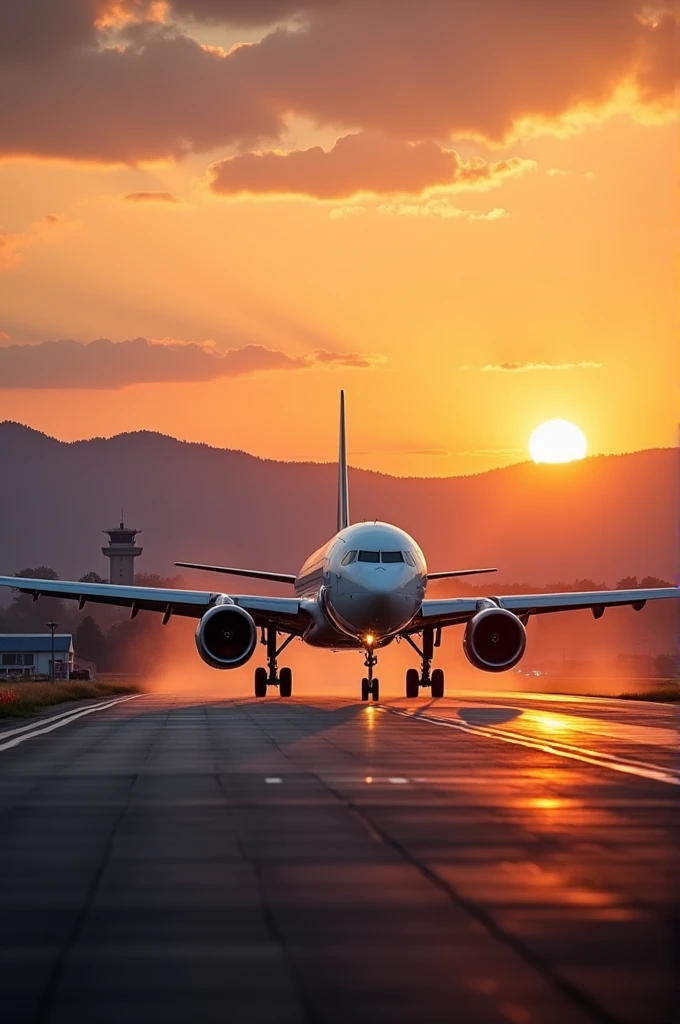 A aeroplane landing on airport evening scene beautiful view sunset