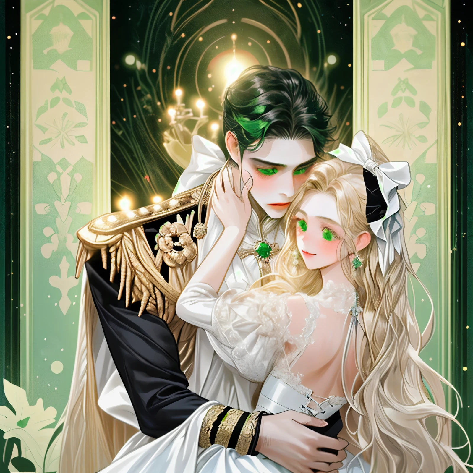 1 beautiful girl with long straight blonde hair, a hair bow, and green eyes, A young prince with black hair who is playful., White Dresses, Hug from behind, Facing straight